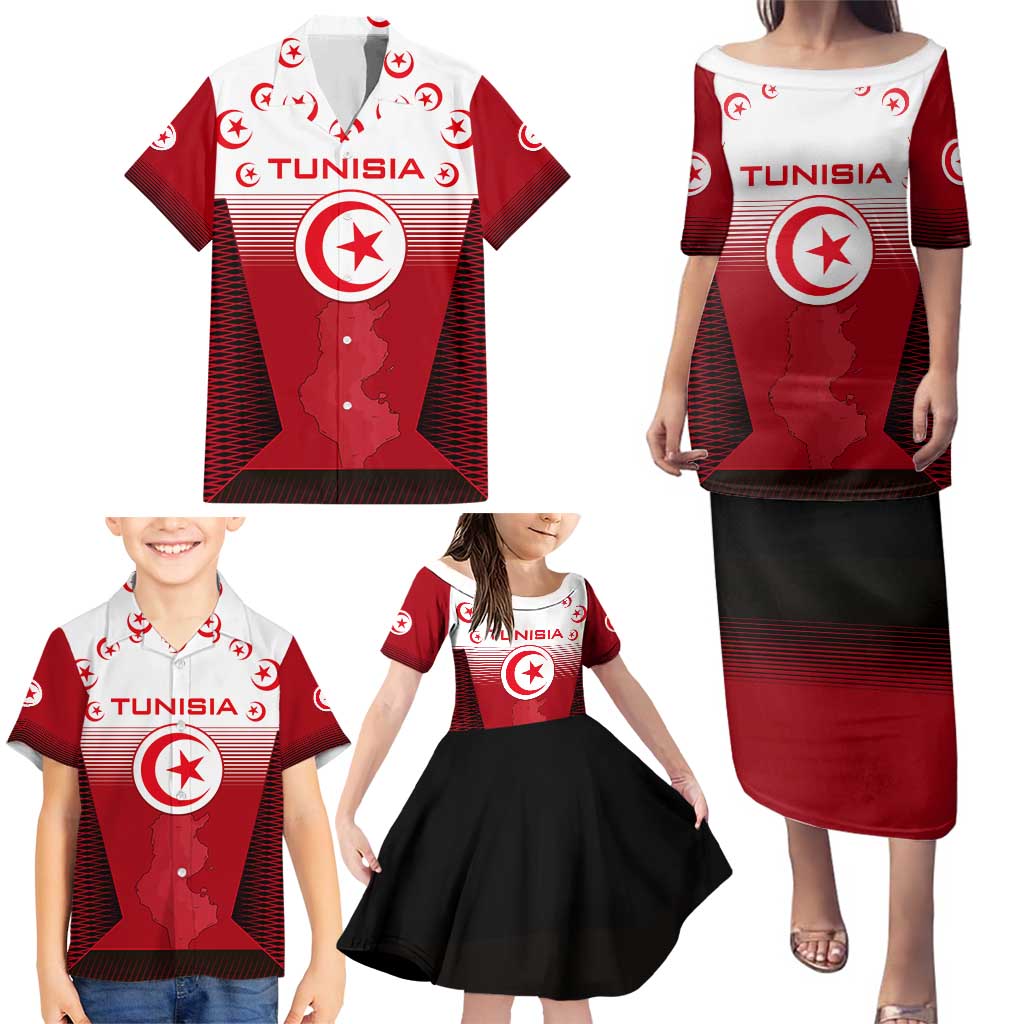Tunisia Patriotic Family Matching Puletasi and Hawaiian Shirt with National Crest, Crescent Star and Country Map
