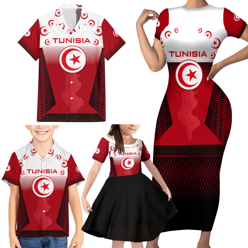 Tunisia Patriotic Family Matching Short Sleeve Bodycon Dress and Hawaiian Shirt with National Crest, Crescent Star and Country Map