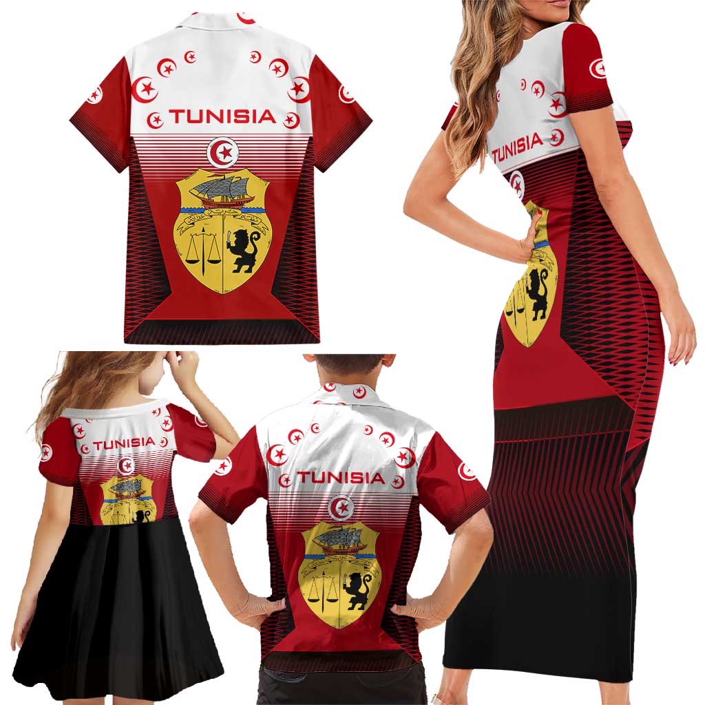 Tunisia Patriotic Family Matching Short Sleeve Bodycon Dress and Hawaiian Shirt with National Crest, Crescent Star and Country Map