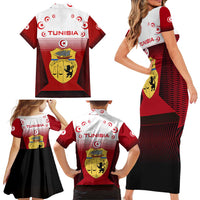 Tunisia Patriotic Family Matching Short Sleeve Bodycon Dress and Hawaiian Shirt with National Crest, Crescent Star and Country Map
