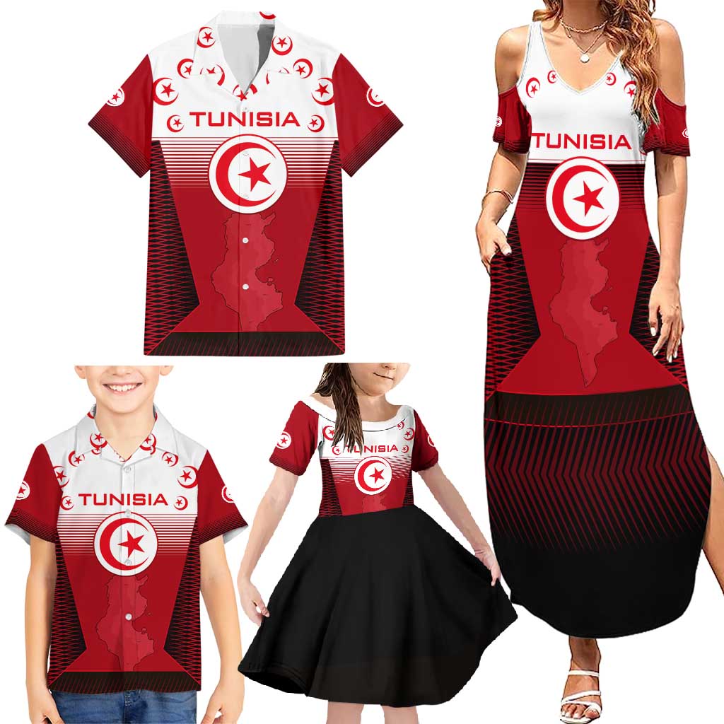 Tunisia Patriotic Family Matching Summer Maxi Dress and Hawaiian Shirt with National Crest, Crescent Star and Country Map