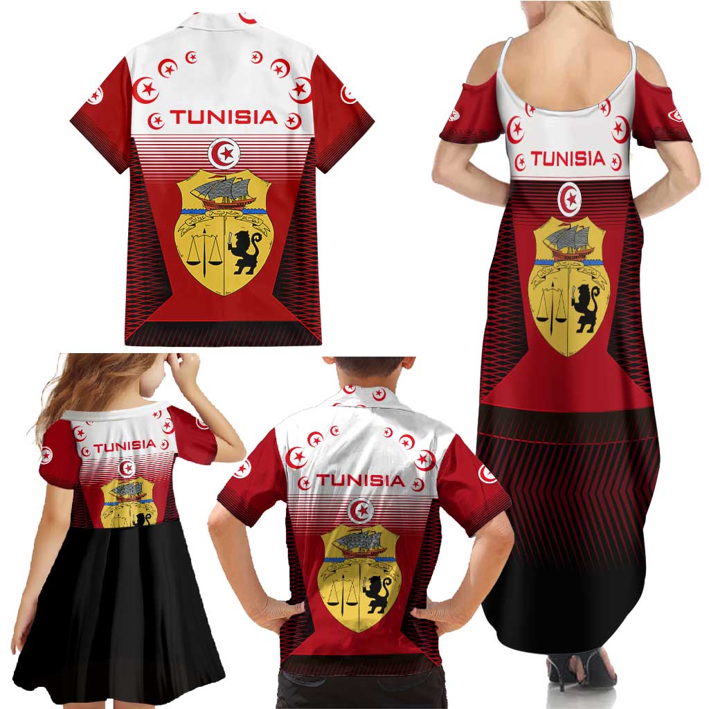 Tunisia Patriotic Family Matching Summer Maxi Dress and Hawaiian Shirt with National Crest, Crescent Star and Country Map
