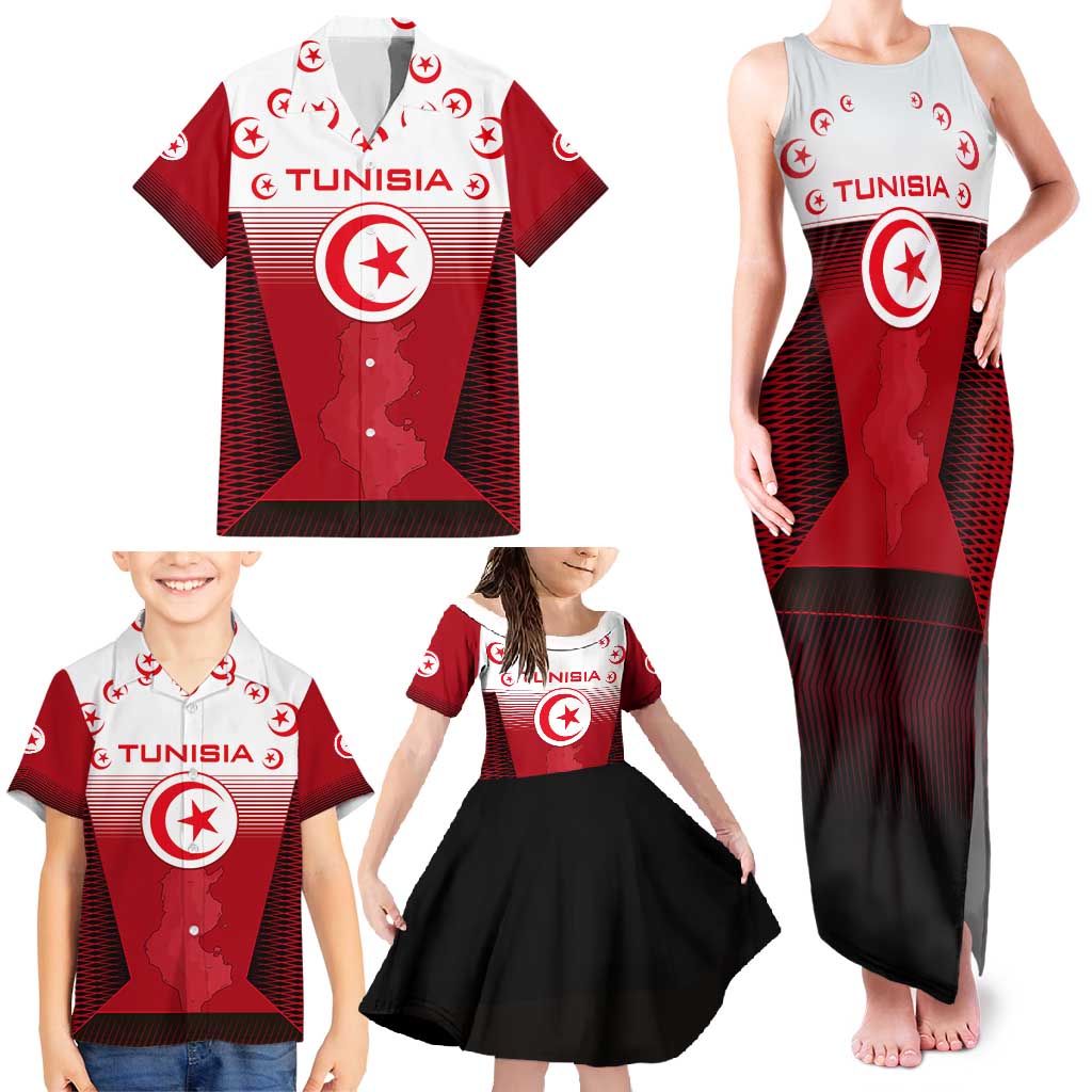 Tunisia Patriotic Family Matching Tank Maxi Dress and Hawaiian Shirt with National Crest, Crescent Star and Country Map