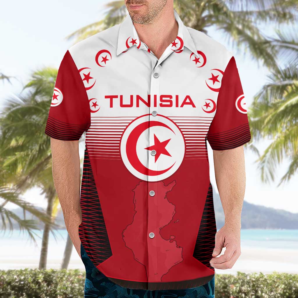 Tunisia Patriotic Hawaiian Shirt with National Crest, Crescent Star and Country Map