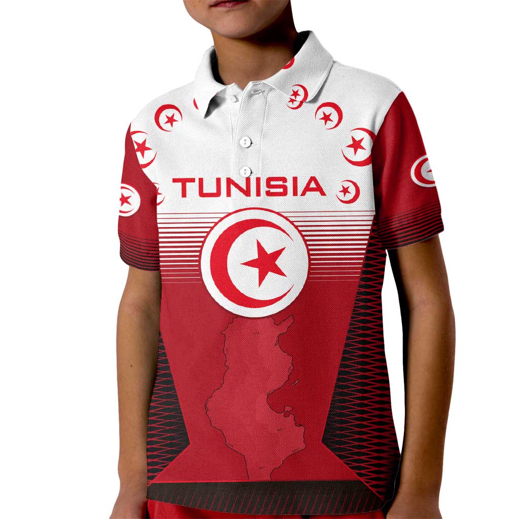 Tunisia Patriotic Kid Polo Shirt with National Crest, Crescent Star and Country Map
