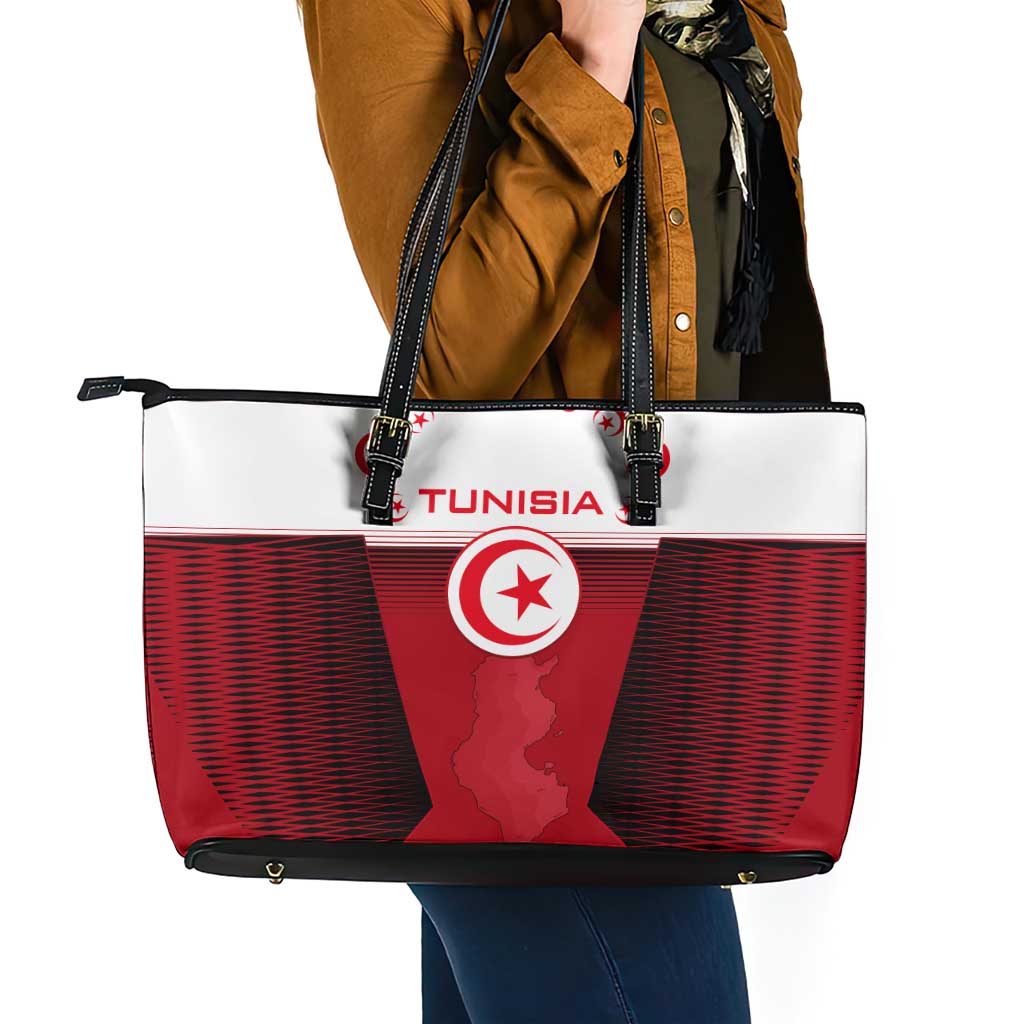Tunisia Patriotic Leather Tote Bag with National Crest, Crescent Star and Country Map