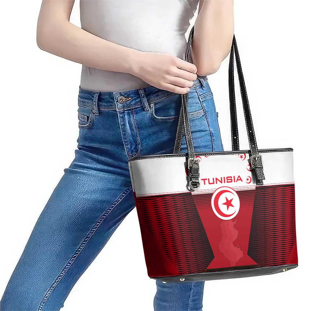 Tunisia Patriotic Leather Tote Bag with National Crest, Crescent Star and Country Map