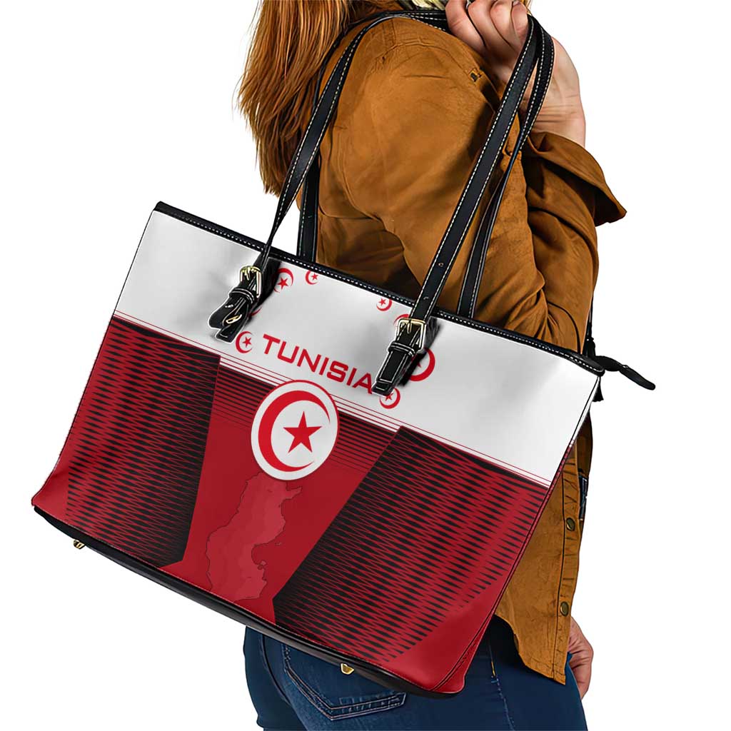 Tunisia Patriotic Leather Tote Bag with National Crest, Crescent Star and Country Map