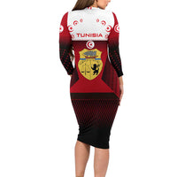 Tunisia Patriotic Long Sleeve Bodycon Dress with National Crest, Crescent Star and Country Map