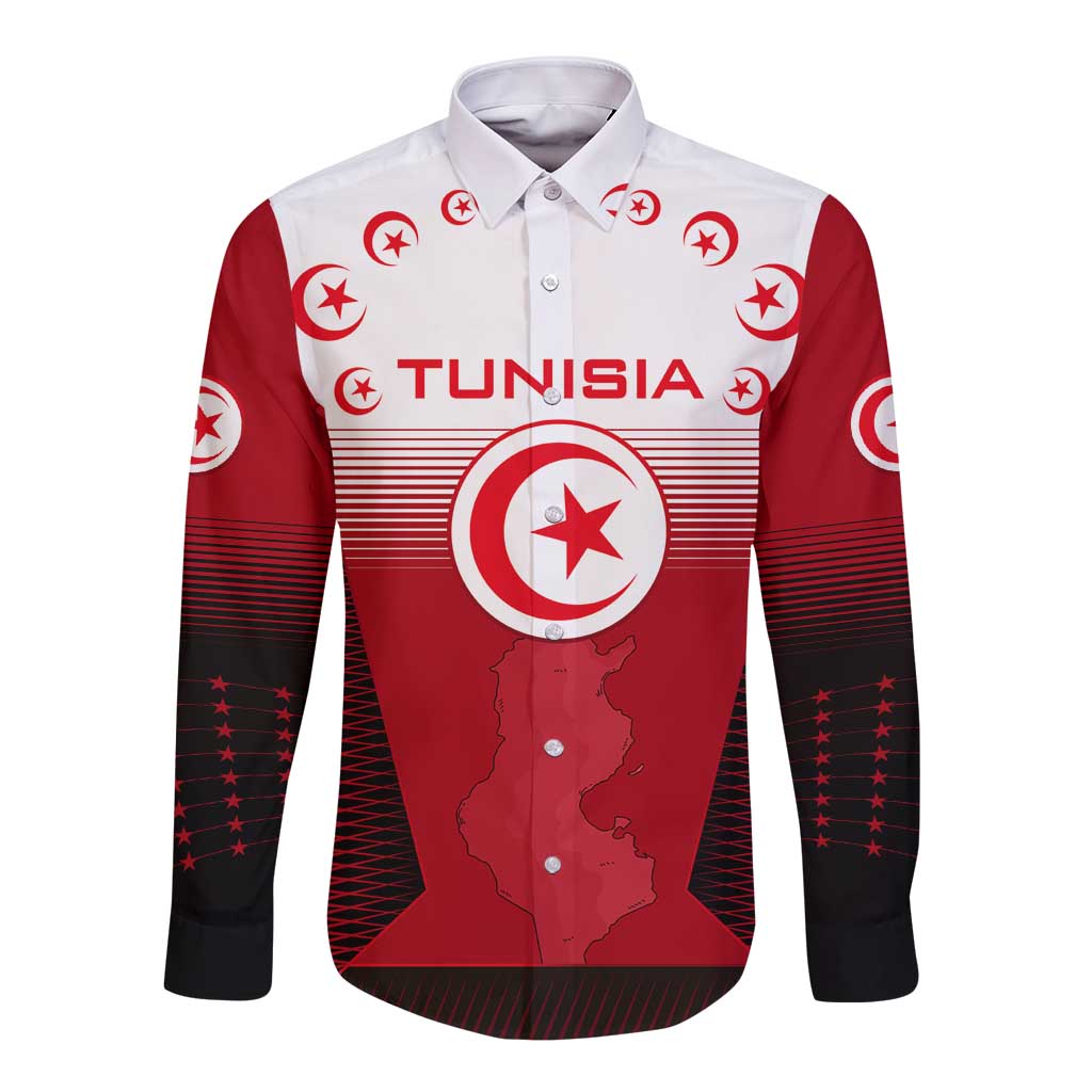 Tunisia Patriotic Long Sleeve Button Shirt with National Crest, Crescent Star and Country Map