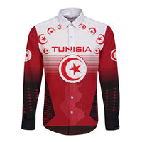 Tunisia Patriotic Long Sleeve Button Shirt with National Crest, Crescent Star and Country Map
