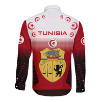 Tunisia Patriotic Long Sleeve Button Shirt with National Crest, Crescent Star and Country Map