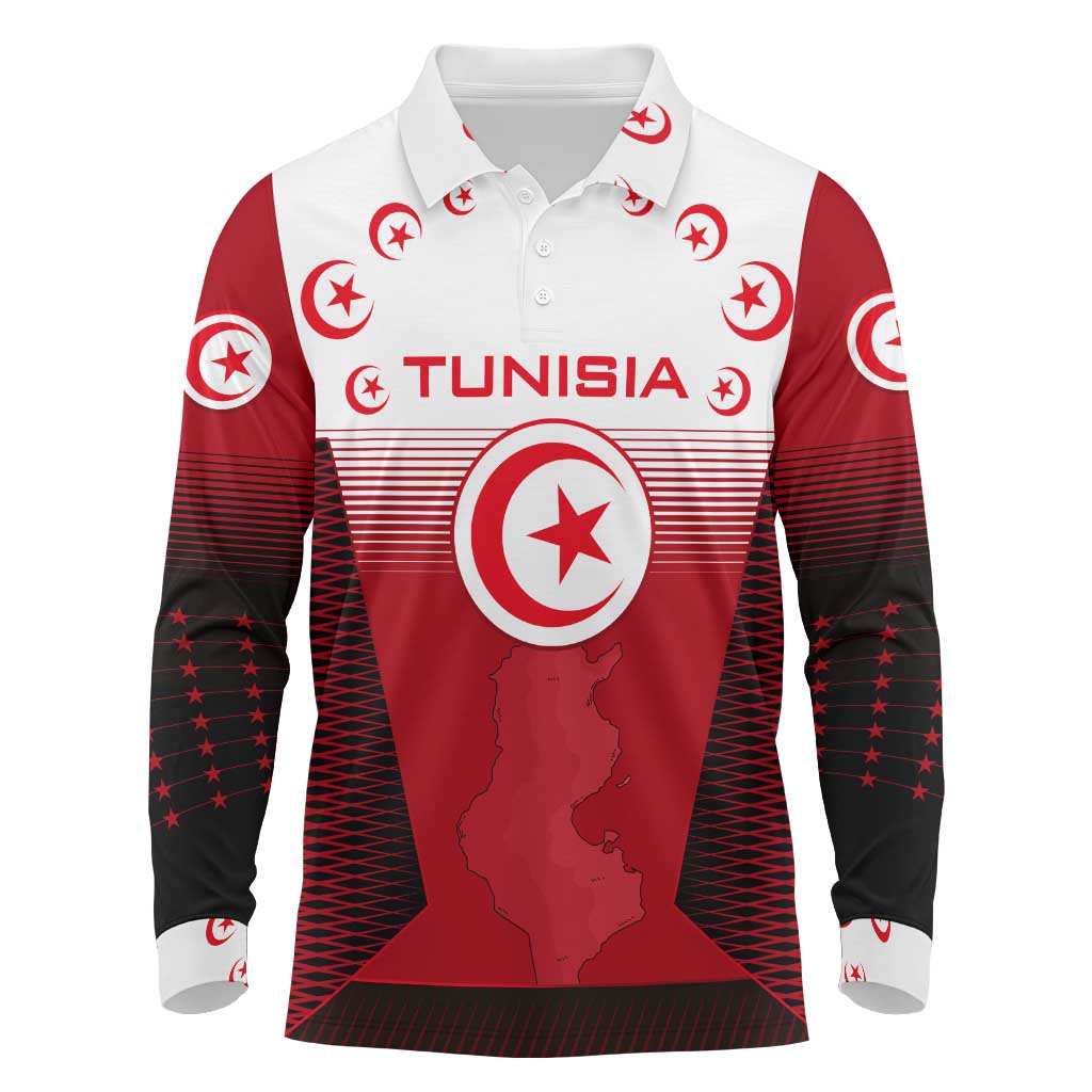 Tunisia Patriotic Long Sleeve Polo Shirt with National Crest, Crescent Star and Country Map
