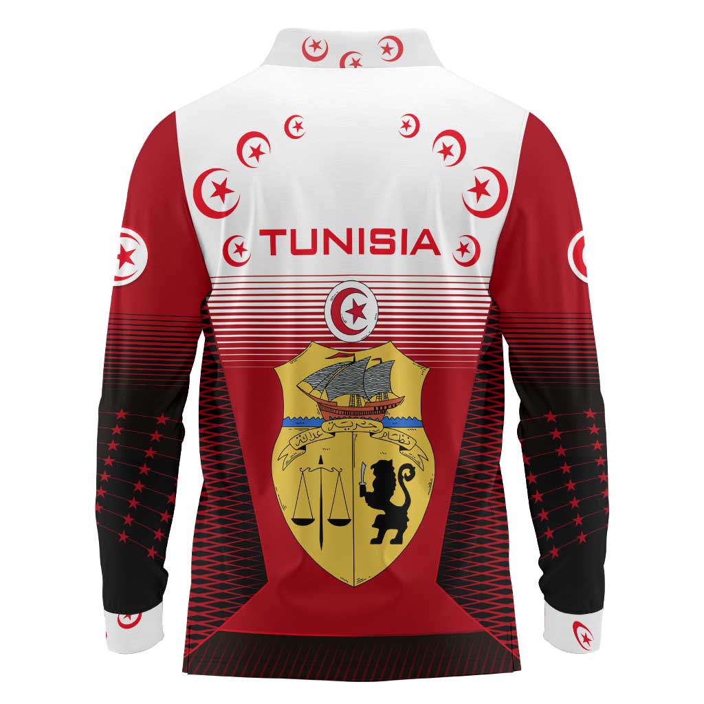 Tunisia Patriotic Long Sleeve Polo Shirt with National Crest, Crescent Star and Country Map