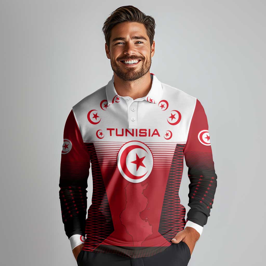 Tunisia Patriotic Long Sleeve Polo Shirt with National Crest, Crescent Star and Country Map