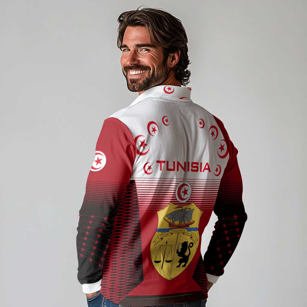 Tunisia Patriotic Long Sleeve Polo Shirt with National Crest, Crescent Star and Country Map