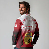 Tunisia Patriotic Long Sleeve Polo Shirt with National Crest, Crescent Star and Country Map