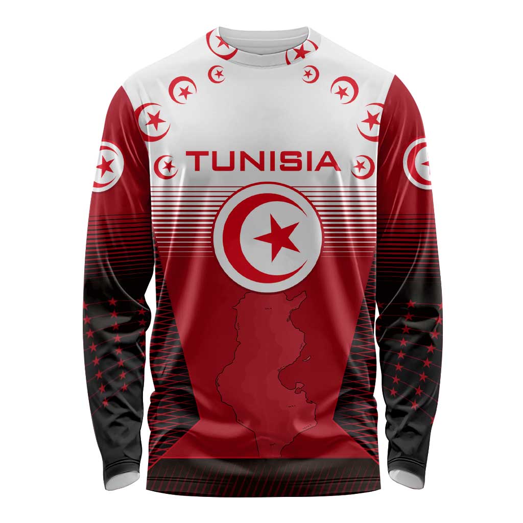 Tunisia Patriotic Long Sleeve Shirt with National Crest, Crescent Star and Country Map