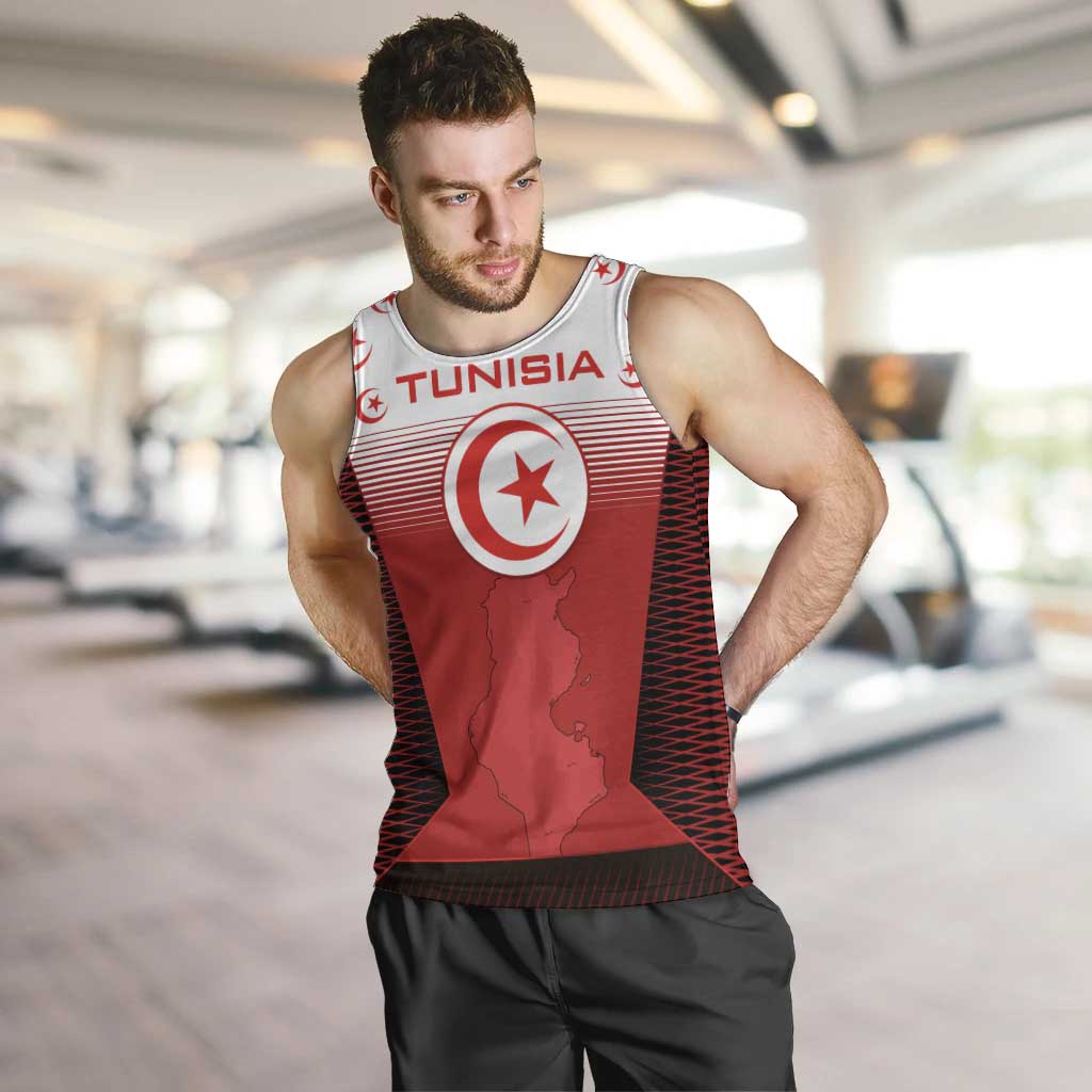 Tunisia Patriotic Men Tank Top with National Crest, Crescent Star and Country Map