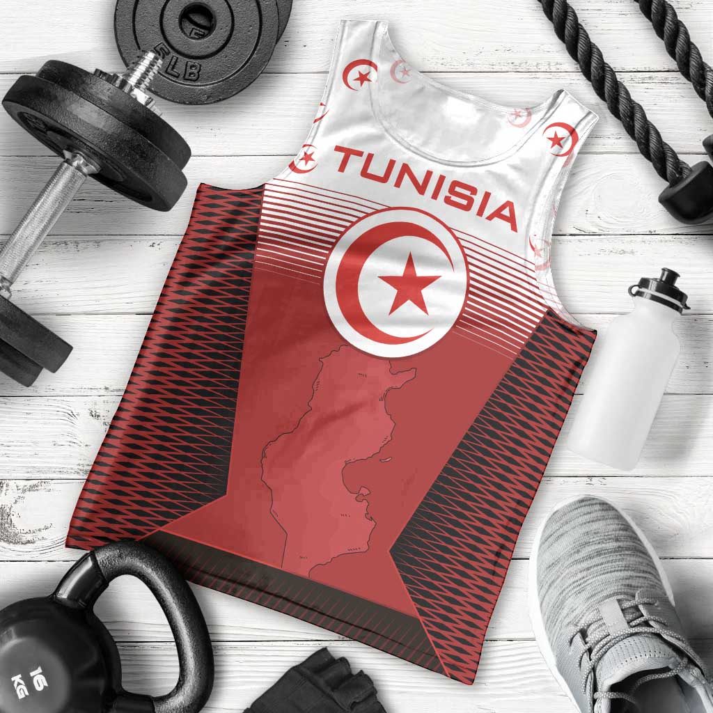 Tunisia Patriotic Men Tank Top with National Crest, Crescent Star and Country Map