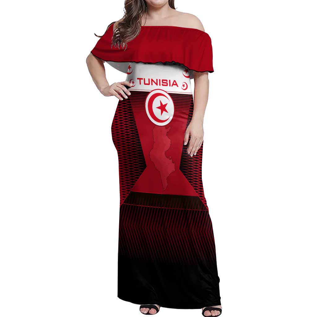 Tunisia Patriotic Off Shoulder Maxi Dress with National Crest, Crescent Star and Country Map