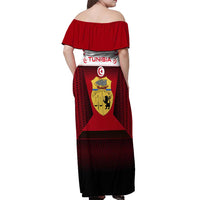Tunisia Patriotic Off Shoulder Maxi Dress with National Crest, Crescent Star and Country Map