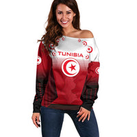 Tunisia Patriotic Off Shoulder Sweater with National Crest, Crescent Star and Country Map