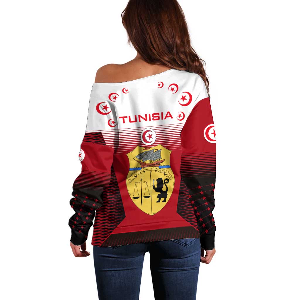 Tunisia Patriotic Off Shoulder Sweater with National Crest, Crescent Star and Country Map