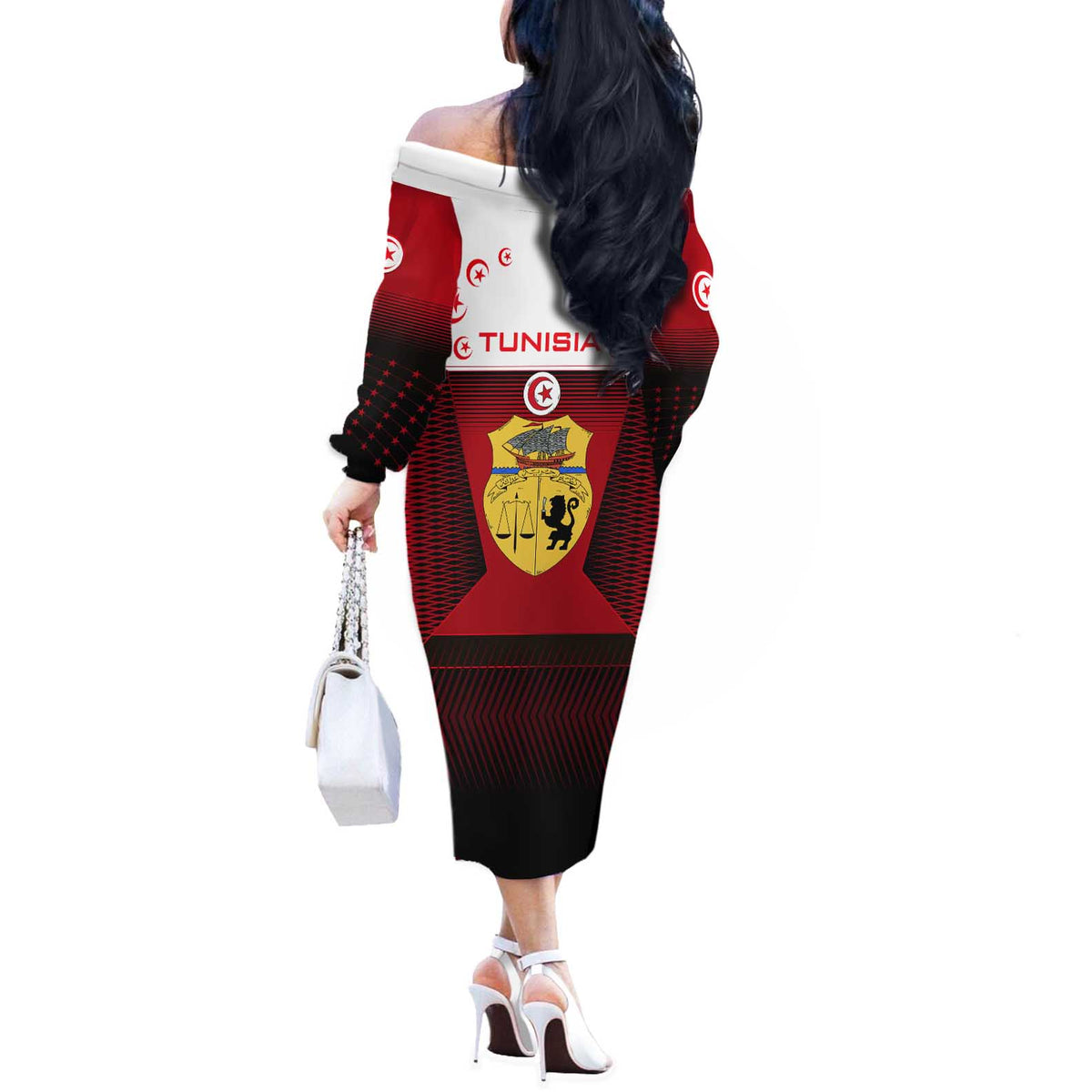 Tunisia Patriotic Off The Shoulder Long Sleeve Dress with National Crest, Crescent Star and Country Map