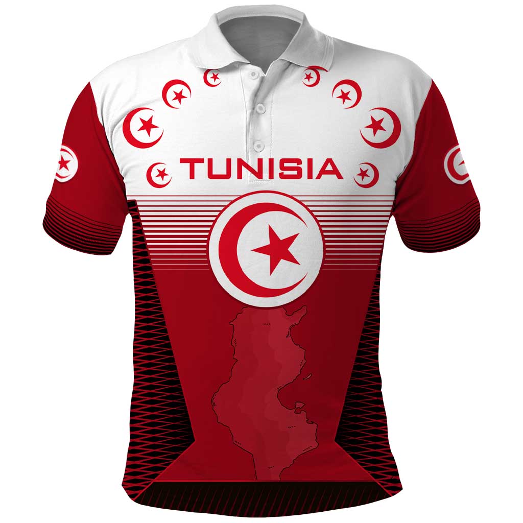 Tunisia Patriotic Polo Shirt with National Crest, Crescent Star and Country Map