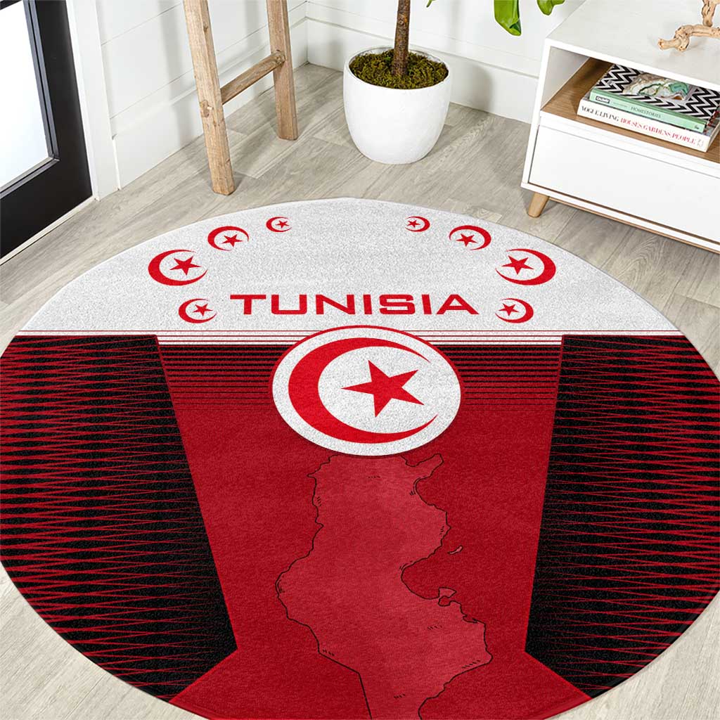 Tunisia Patriotic Round Carpet with National Crest, Crescent Star and Country Map