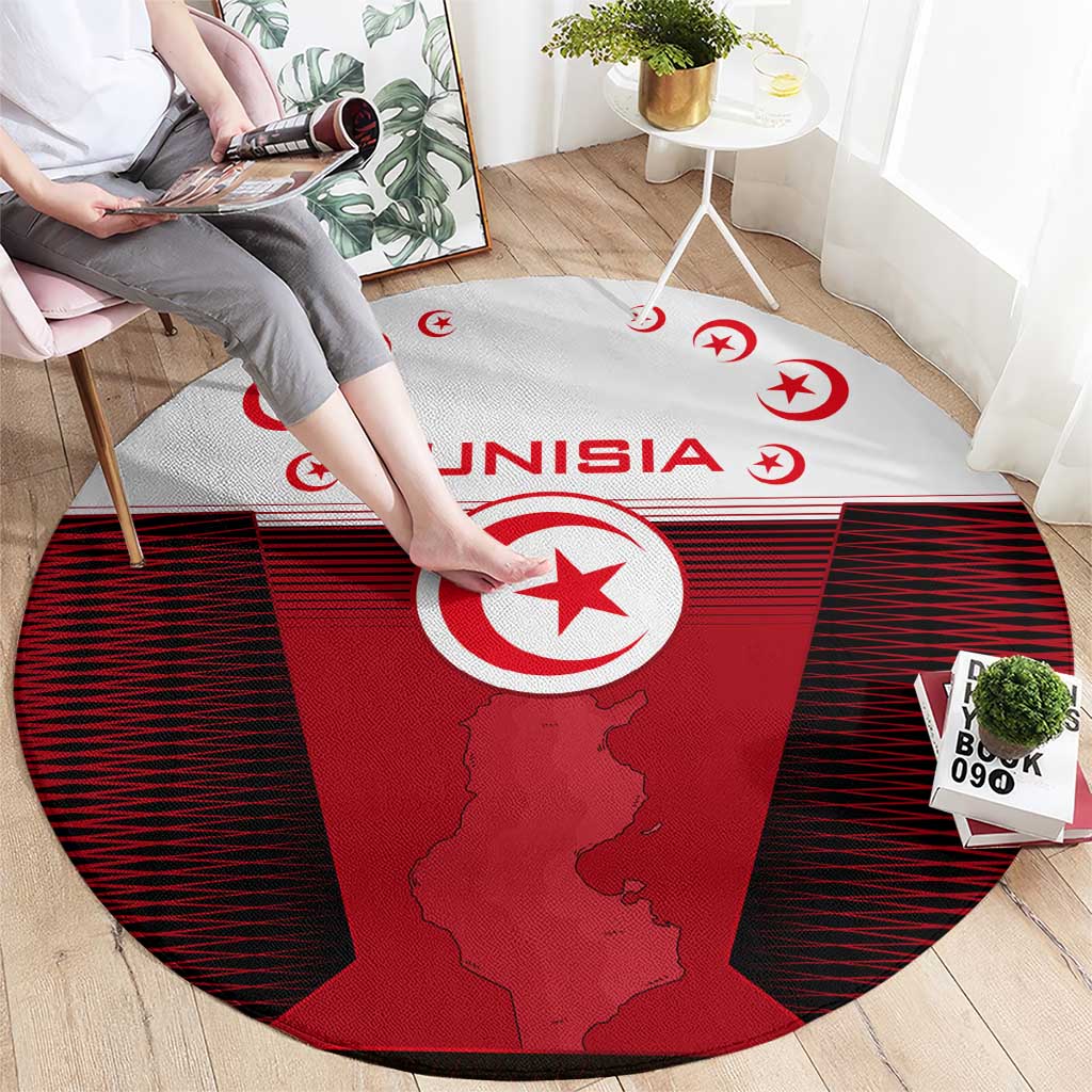 Tunisia Patriotic Round Carpet with National Crest, Crescent Star and Country Map