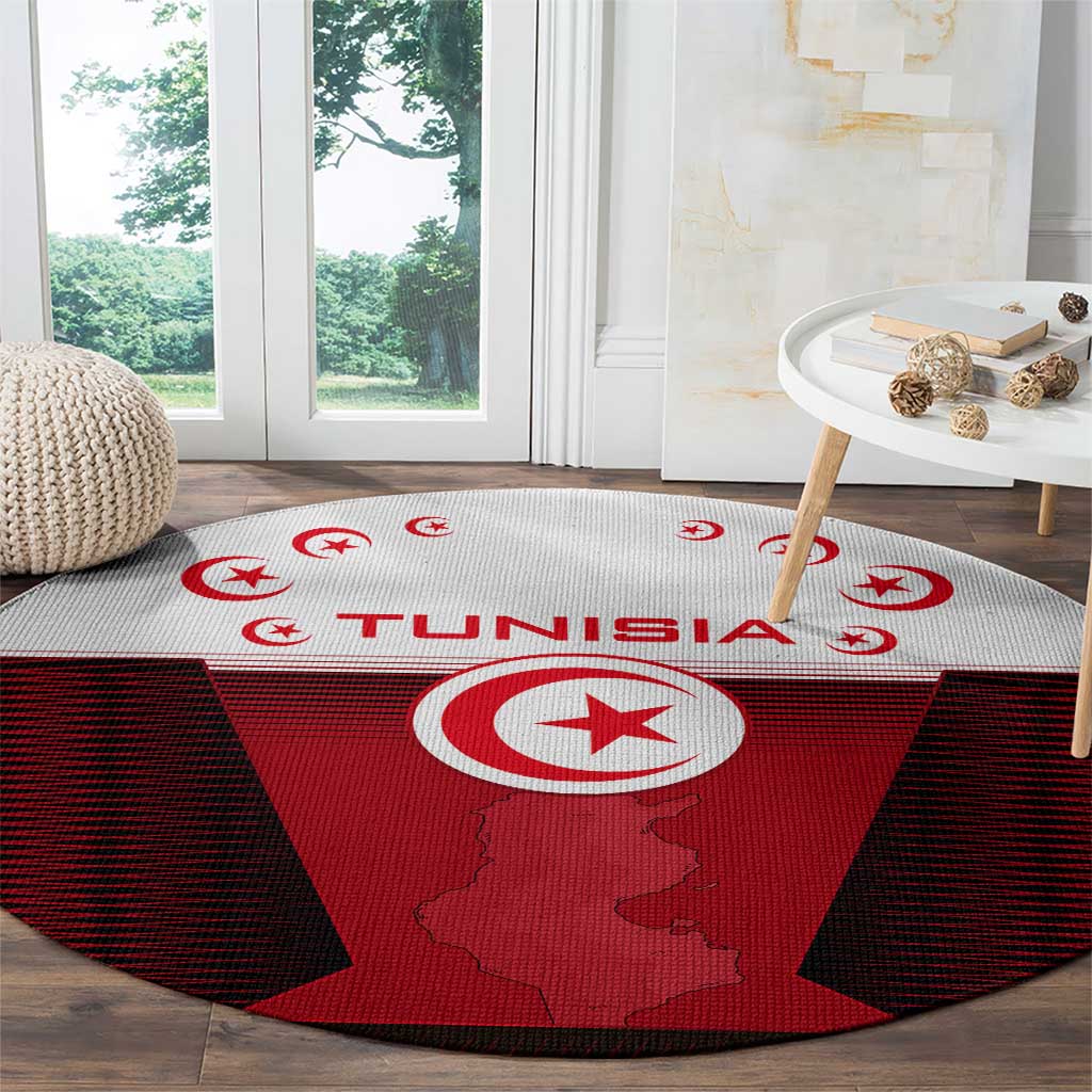 Tunisia Patriotic Round Carpet with National Crest, Crescent Star and Country Map