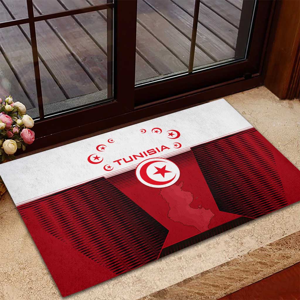 Tunisia Patriotic Rubber Doormat with National Crest, Crescent Star and Country Map