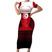 Tunisia Patriotic Short Sleeve Bodycon Dress with National Crest, Crescent Star and Country Map