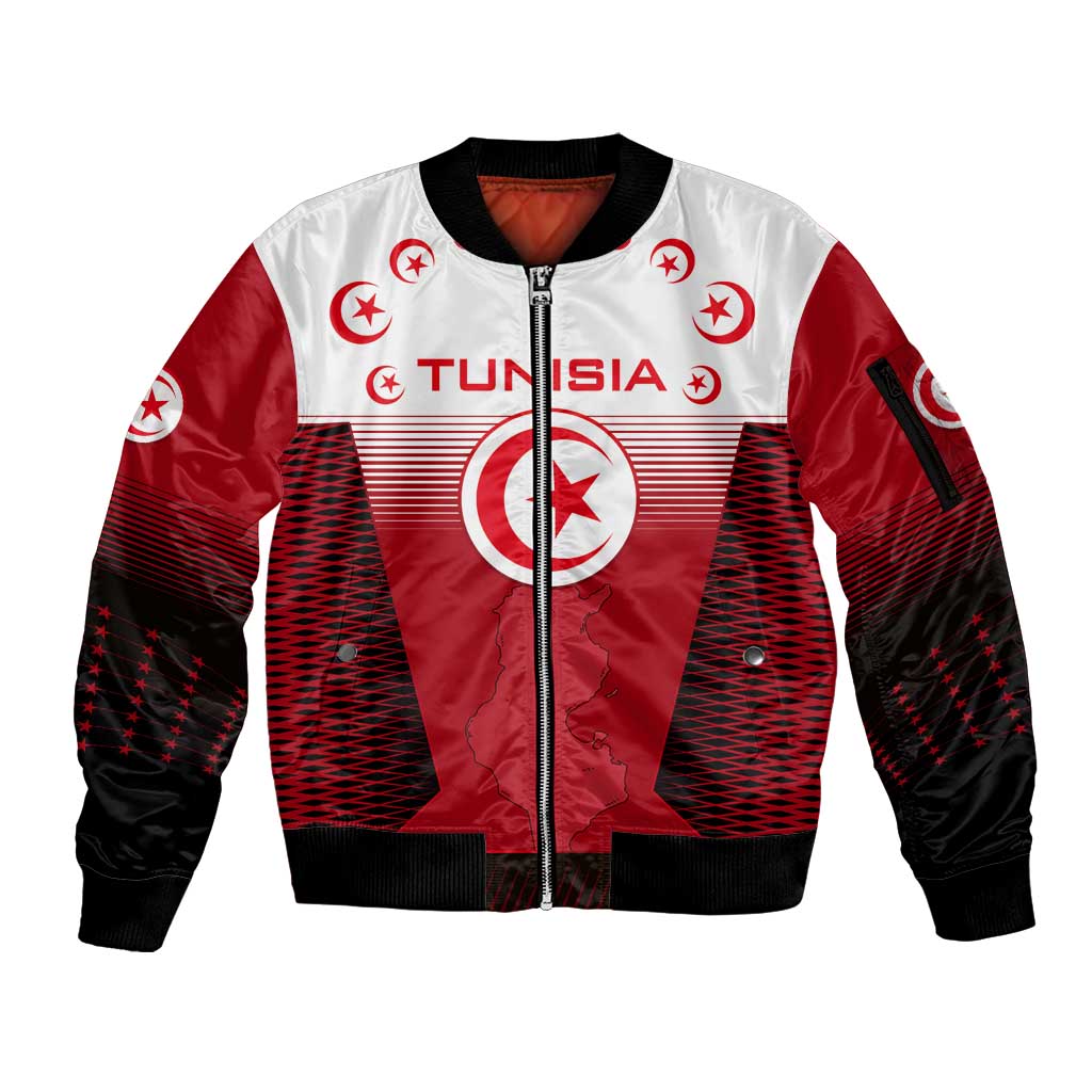 Tunisia Patriotic Sleeve Zip Bomber Jacket with National Crest, Crescent Star and Country Map