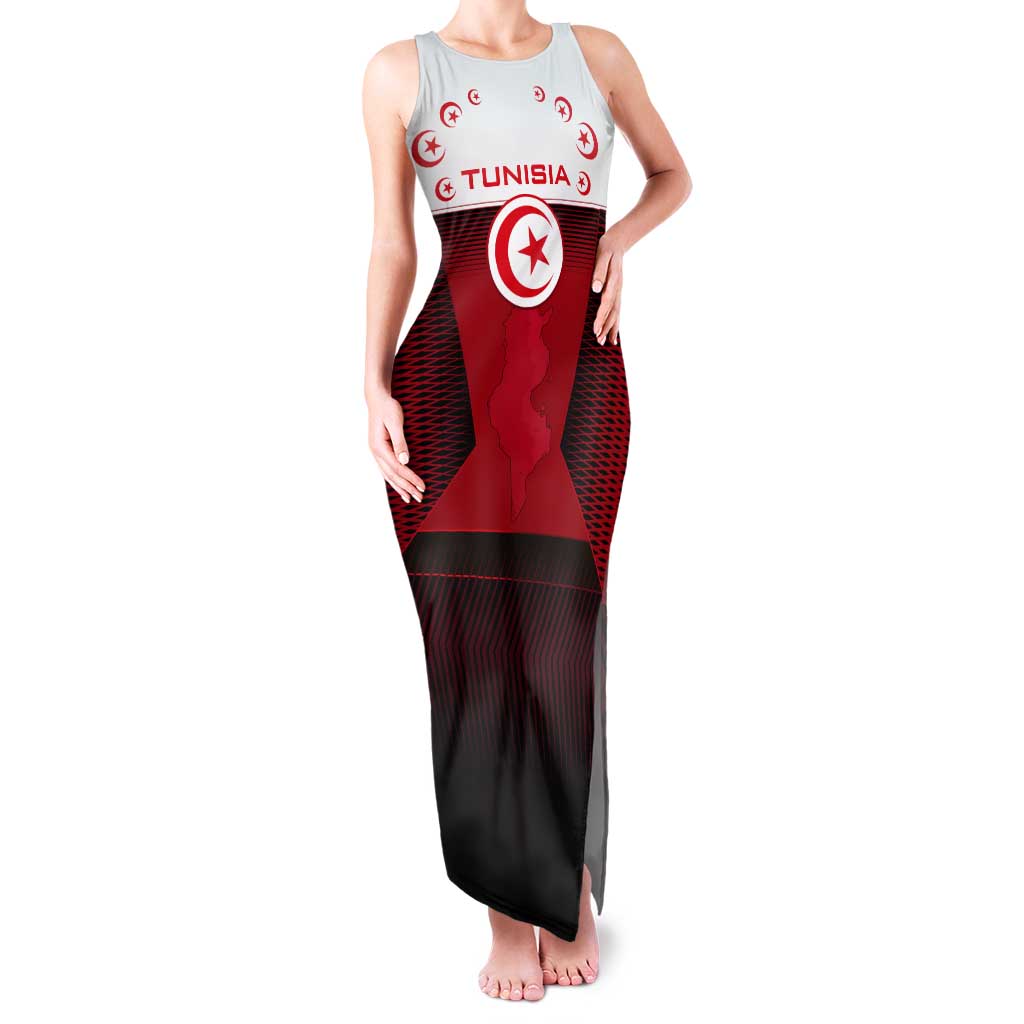 Tunisia Patriotic Tank Maxi Dress with National Crest, Crescent Star and Country Map