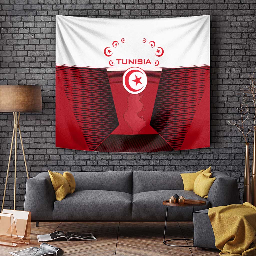 Tunisia Patriotic Tapestry with National Crest, Crescent Star and Country Map