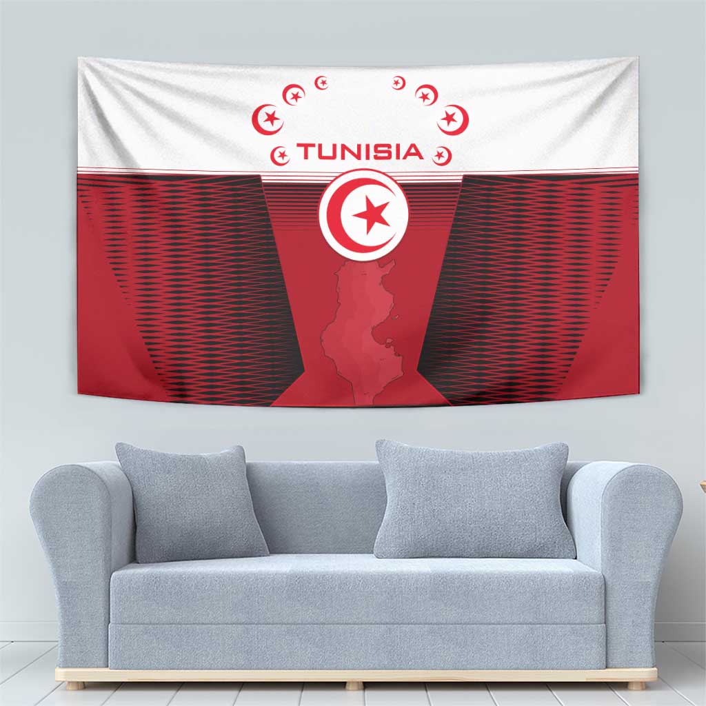 Tunisia Patriotic Tapestry with National Crest, Crescent Star and Country Map