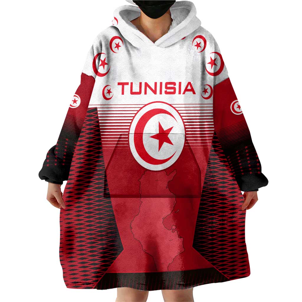 Tunisia Patriotic Wearable Blanket Hoodie with National Crest, Crescent Star and Country Map