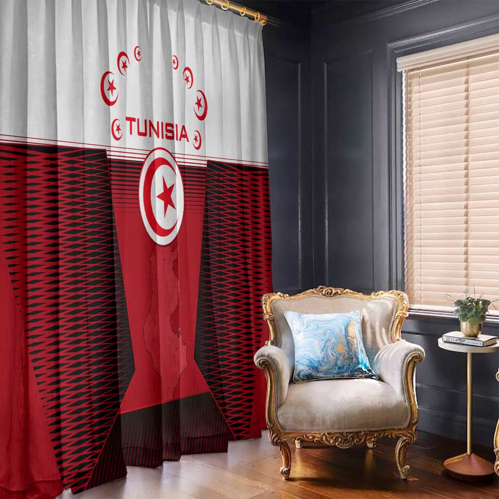 Tunisia Patriotic Window Curtain with National Crest, Crescent Star and Country Map