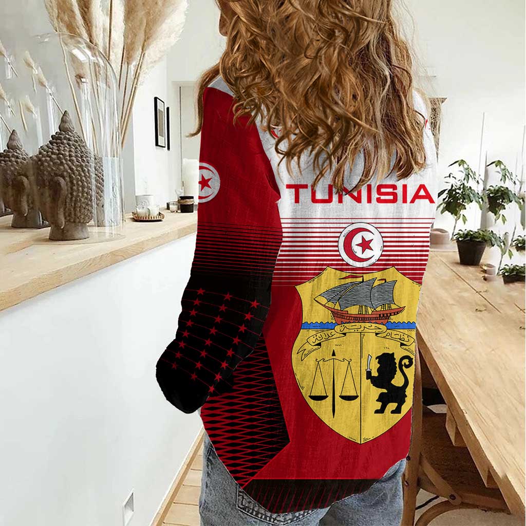 Tunisia Patriotic Women Casual Shirt with National Crest, Crescent Star and Country Map