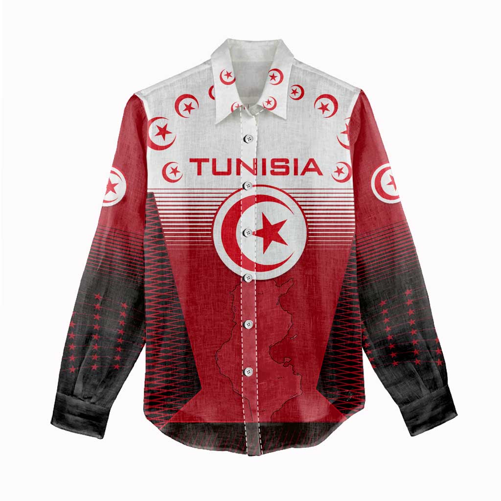 Tunisia Patriotic Women Casual Shirt with National Crest, Crescent Star and Country Map