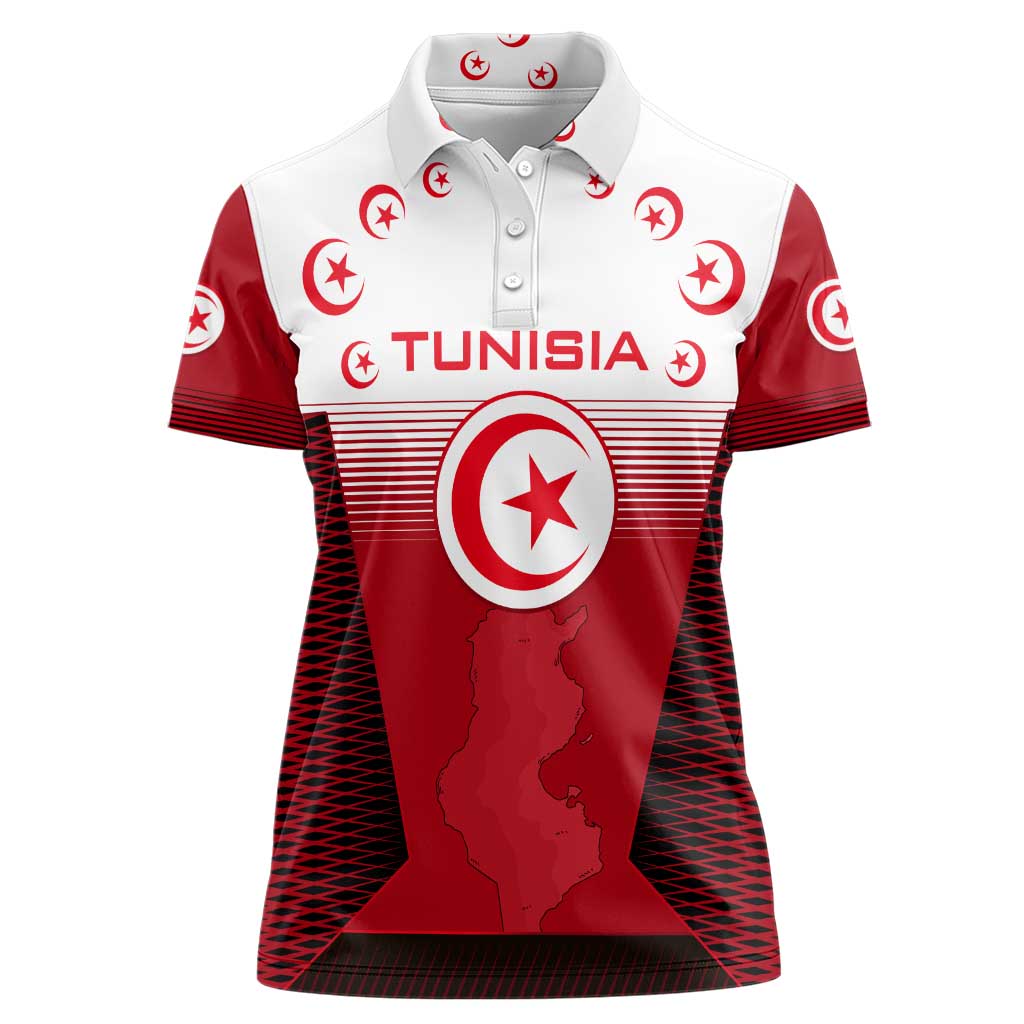 Tunisia Patriotic Women Polo Shirt with National Crest, Crescent Star and Country Map