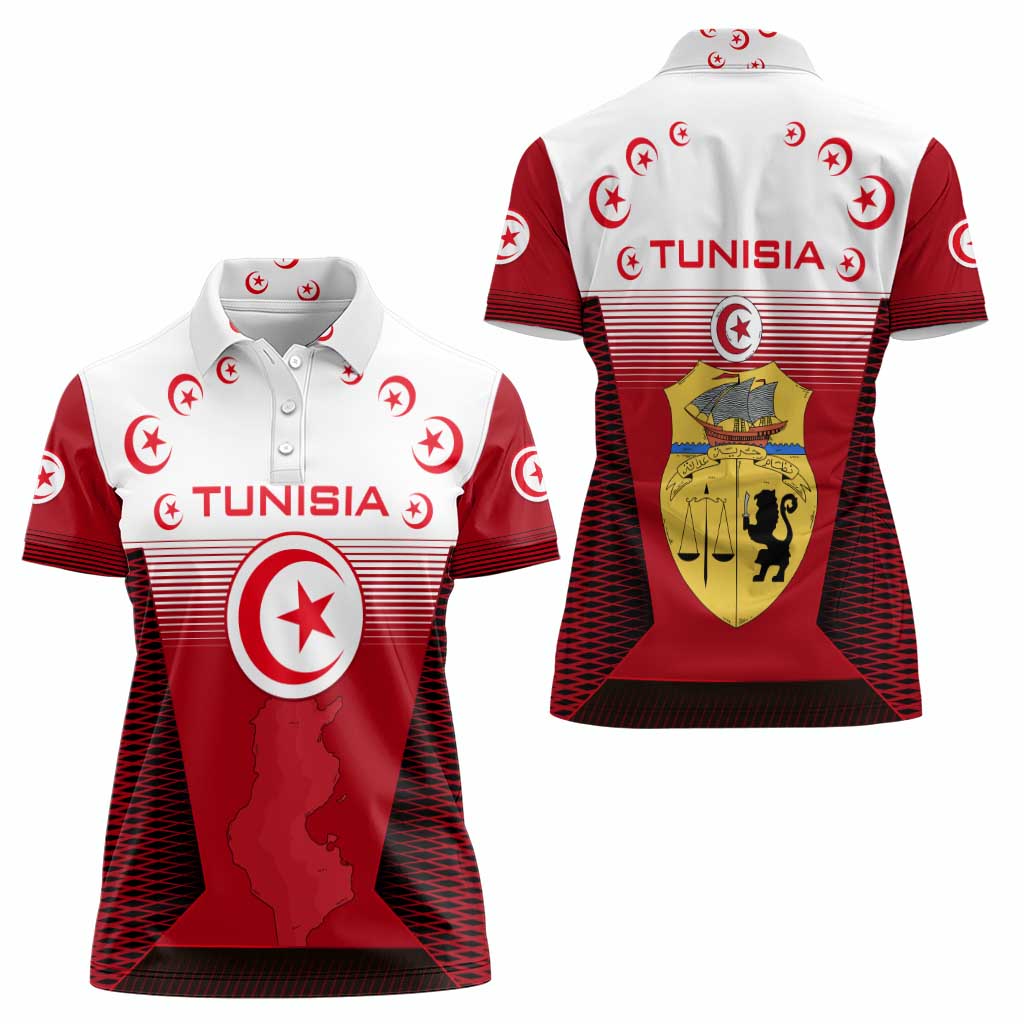 Tunisia Patriotic Women Polo Shirt with National Crest, Crescent Star and Country Map