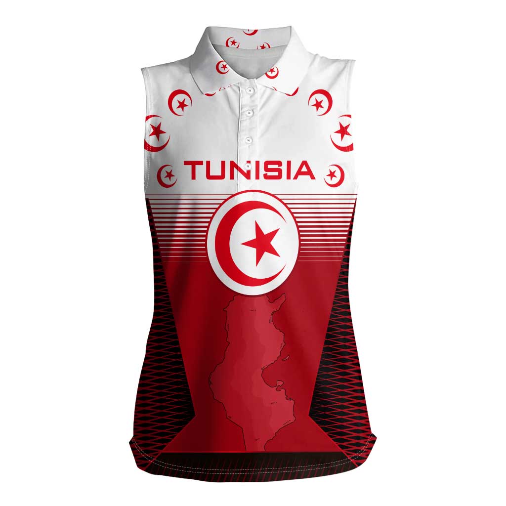 Tunisia Patriotic Women Sleeveless Polo Shirt with National Crest, Crescent Star and Country Map