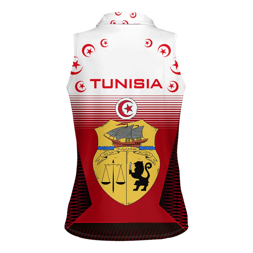Tunisia Patriotic Women Sleeveless Polo Shirt with National Crest, Crescent Star and Country Map