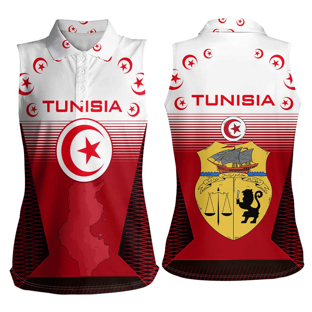 Tunisia Patriotic Women Sleeveless Polo Shirt with National Crest, Crescent Star and Country Map