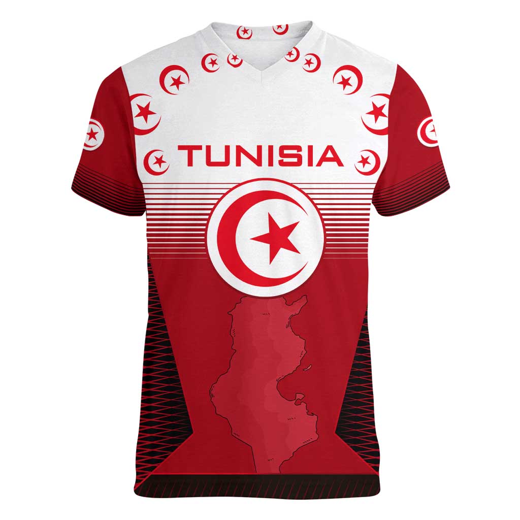 Tunisia Patriotic Women V-Neck T-Shirt with National Crest, Crescent Star and Country Map
