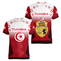 Tunisia Patriotic Women V-Neck T-Shirt with National Crest, Crescent Star and Country Map